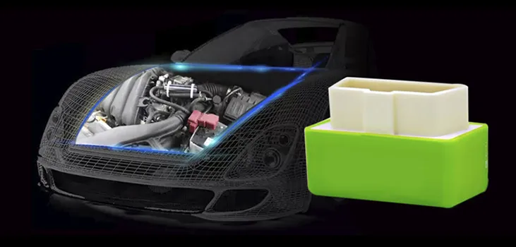 blck car's engine and close up of Fuel Save Pro on a black background